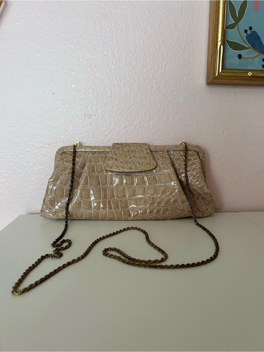 Vintage La Regale Faux Croc Patent Evening Clutch Bag - Beige/Tan